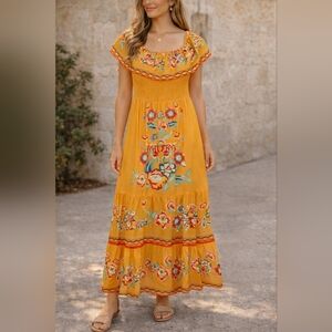 New Boho Golden Orange Floral Maxi Dress Smocked Bodice Fiesta Size Medium